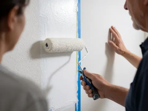 Deux personnes peignent un mur texturé avec un rouleau blanc en utilisant du ruban bleu pour délimiter la zone sous une lumière vive.