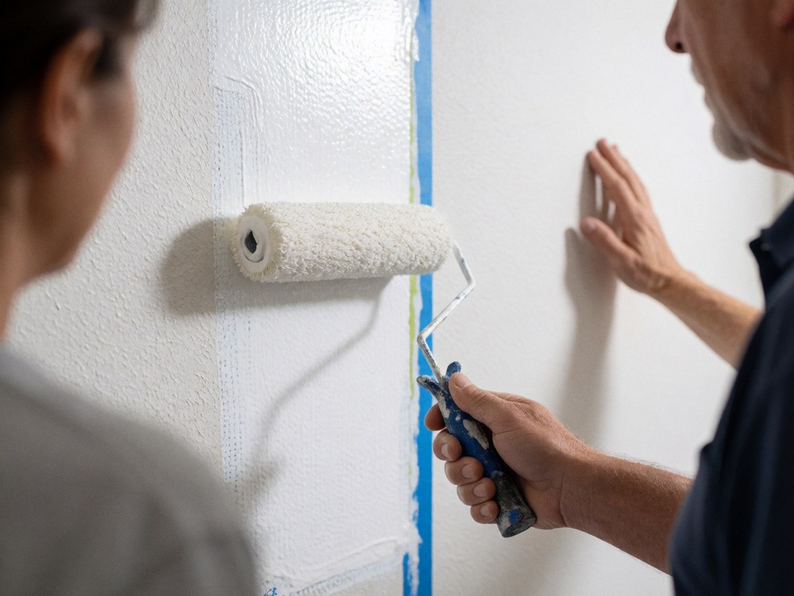 Deux personnes peignent un mur texturé avec un rouleau blanc en utilisant du ruban bleu pour délimiter la zone sous une lumière vive.