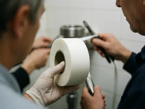 Deux plombiers travaillent ensemble en appliquant du ruban téflon blanc sur un tuyau métallique, avec des outils et des mains en premier plan.