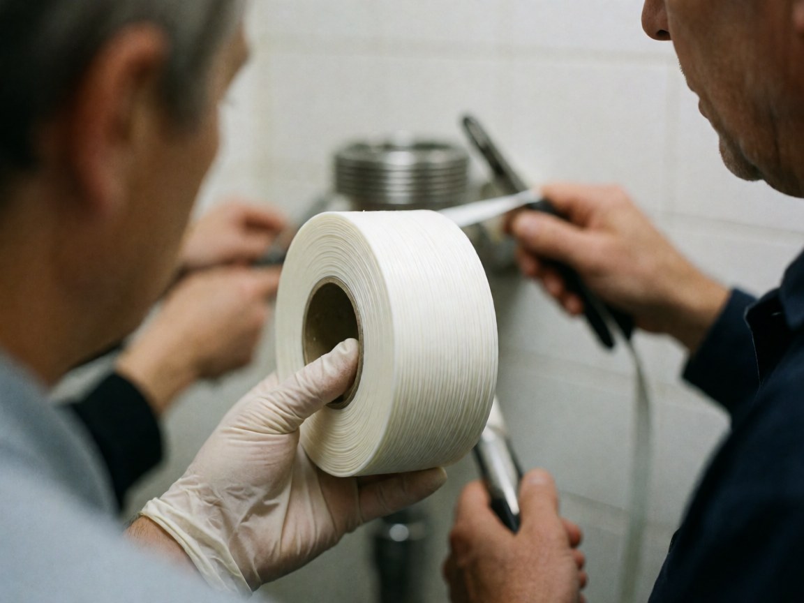 Deux plombiers travaillent ensemble en appliquant du ruban téflon blanc sur un tuyau métallique, avec des outils et des mains en premier plan.