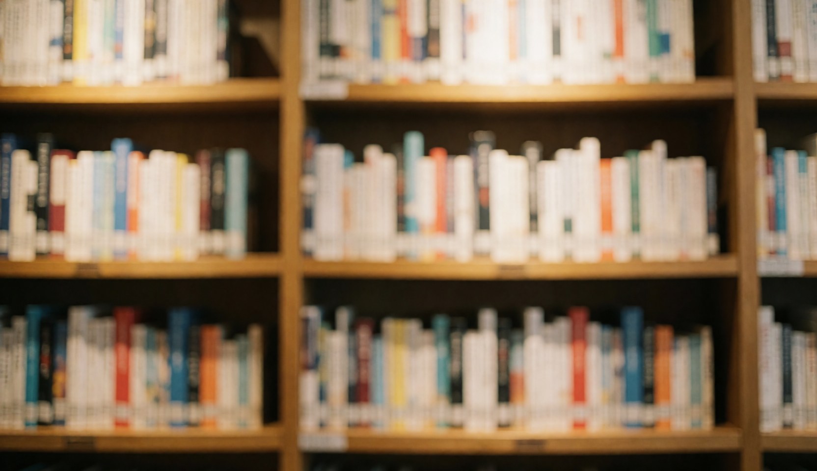 Arrière-plan flou d'une bibliothèque avec des étagères remplies de livres, éclairage chaleureux idéal pour superposer du texte.