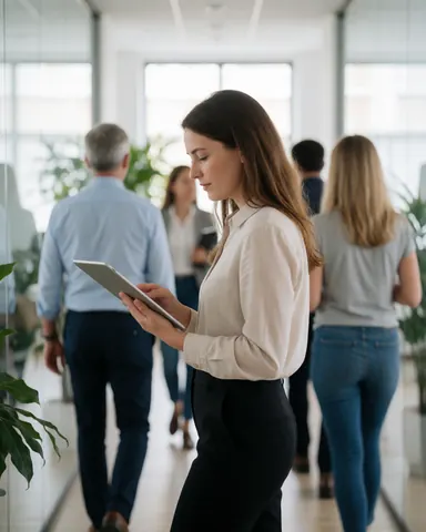 Une femme professionnelle avance dans un couloir lumineux d'un environnement de bureau moderne tout en tenant une tablette numérique.