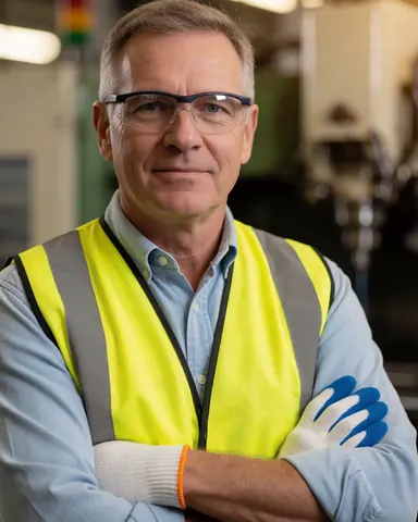 Superviseur d'usine en gilet jaune et lunettes de sécurité regardant l'appareil photo dans un environnement industriel avec des machines floues en arrière-plan.