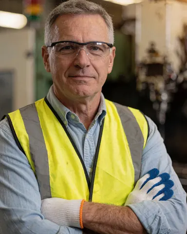 Superviseur d'usine en gilet jaune et lunettes de sécurité regardant l'appareil photo dans un environnement industriel avec des machines floues en arrière-plan.