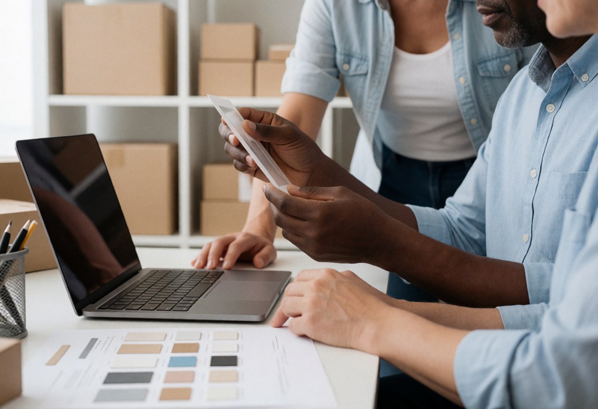 Deux entrepreneurs analysent des échantillons de produits sur une table avec un ordinateur portable et des boîtes de rangement dans un studio.