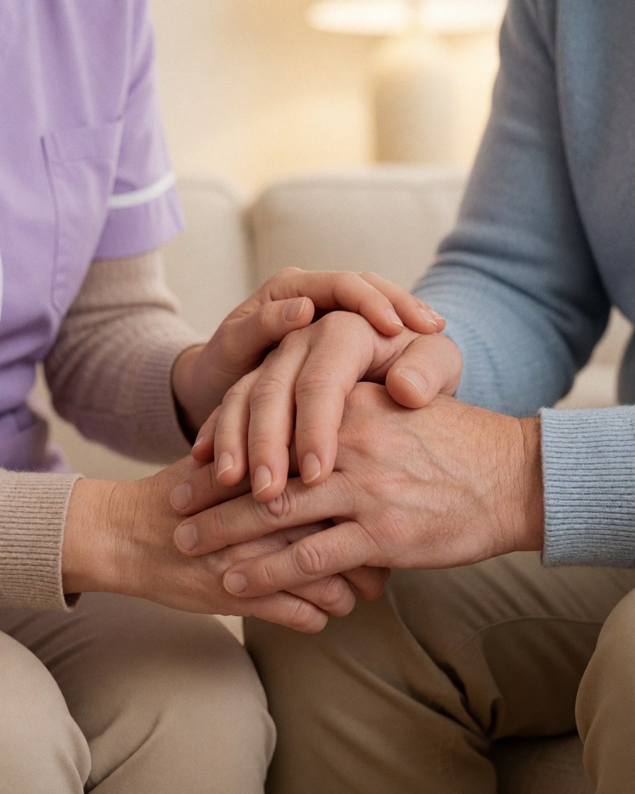 Scène d'accompagnement empathique lors d'une séance de thérapie, mettant en avant le soutien professionnel et la connexion humaine dans un cadre apaisant.