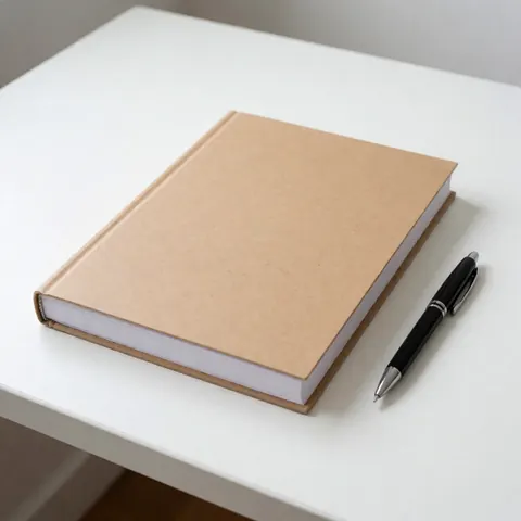 Un cahier de thérapie ouvert accompagné d'un stylo posé sur une surface blanche minimaliste, évoquant le travail psychologique professionnel.