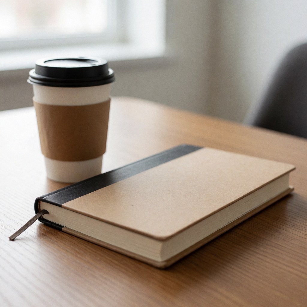 Un carnet ouvert posé à côté d'une tasse de café sur une surface en bois clair, évoquant calme et productivité.