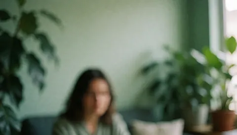 Intérieur d'un bureau de psychologie avec plantes vertes, murs clairs et ambiance sereine, idéal pour textes et design.