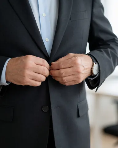 Les mains d'un homme ajustent le bouton de sa veste grise sur une chemise bleue, avec une montre au poignet, sur un fond de bureau flou.
