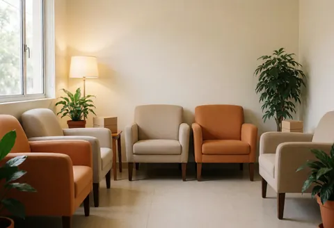 Intérieur d'une salle d'attente spacieuse et calme, équipée de fauteuils confortables, de plantes vertes et d'une lumière douce créant une ambiance sereine.