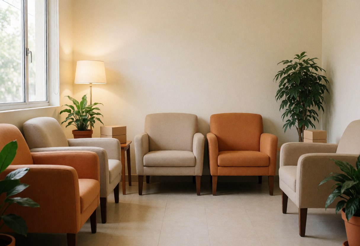 Intérieur d'une salle d'attente spacieuse et calme, équipée de fauteuils confortables, de plantes vertes et d'une lumière douce créant une ambiance sereine.