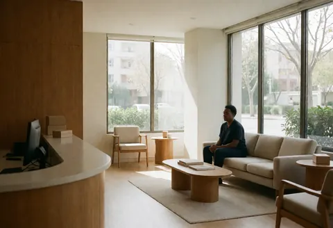 Réception de clinique psychologique avec meubles en bois, grandes fenêtres et lumière naturelle. Un patient attend sur un canapé beige. Ambiance calme et professionnelle.