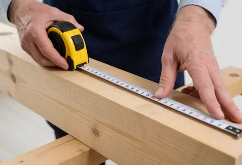 Un professionnel utilise un mètre ruban jaune pour mesurer avec précision une planche de bois naturel sur un chantier.
