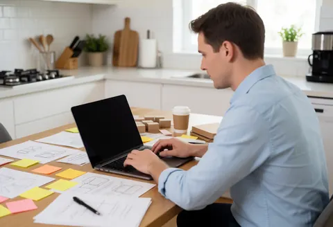 Vue rapprochée des mains d'une personne utilisant un ordinateur portable sur une table en bois avec des notes et du café.