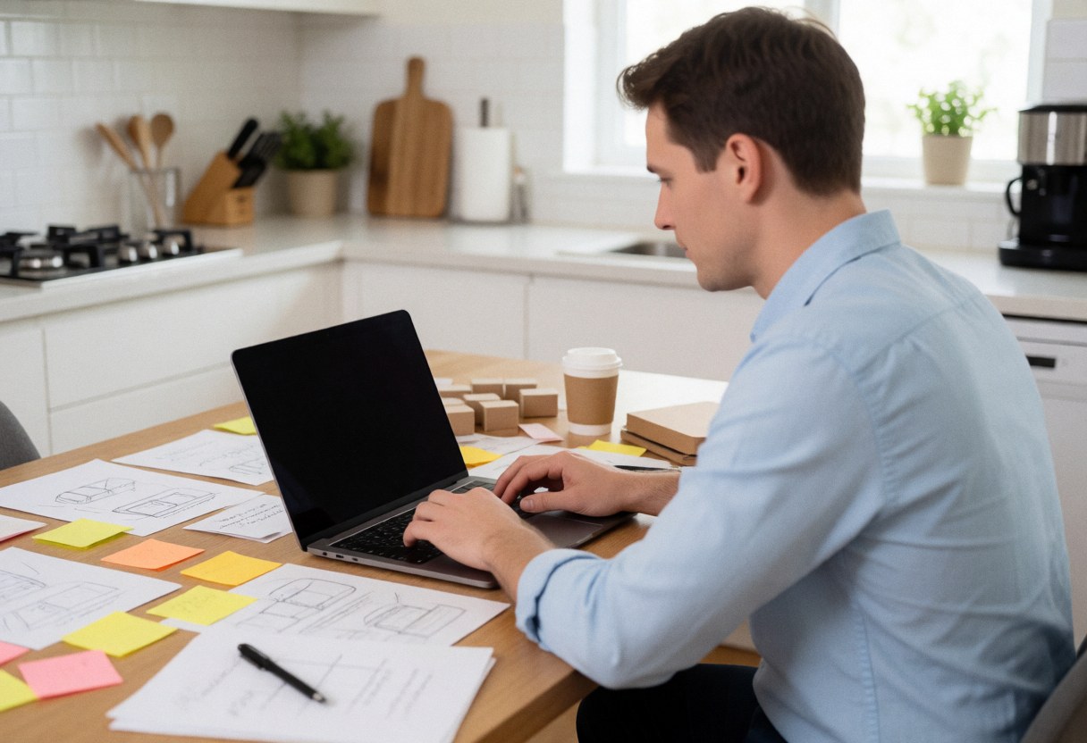 Vue rapprochée des mains d'une personne utilisant un ordinateur portable sur une table en bois avec des notes et du café.