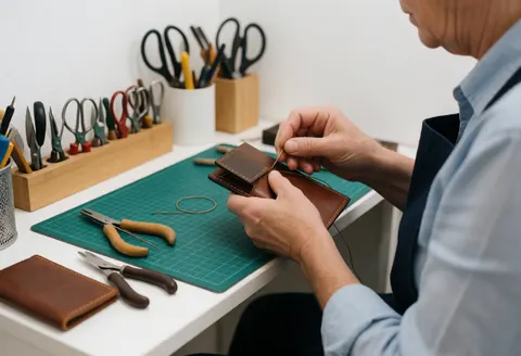 Un artisan travaille sur la création manuelle de produits en cuir dans son atelier avec des outils.