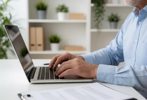 Un homme professionnel est assis à un bureau blanc, concentré sur son travail avec un ordinateur portable.