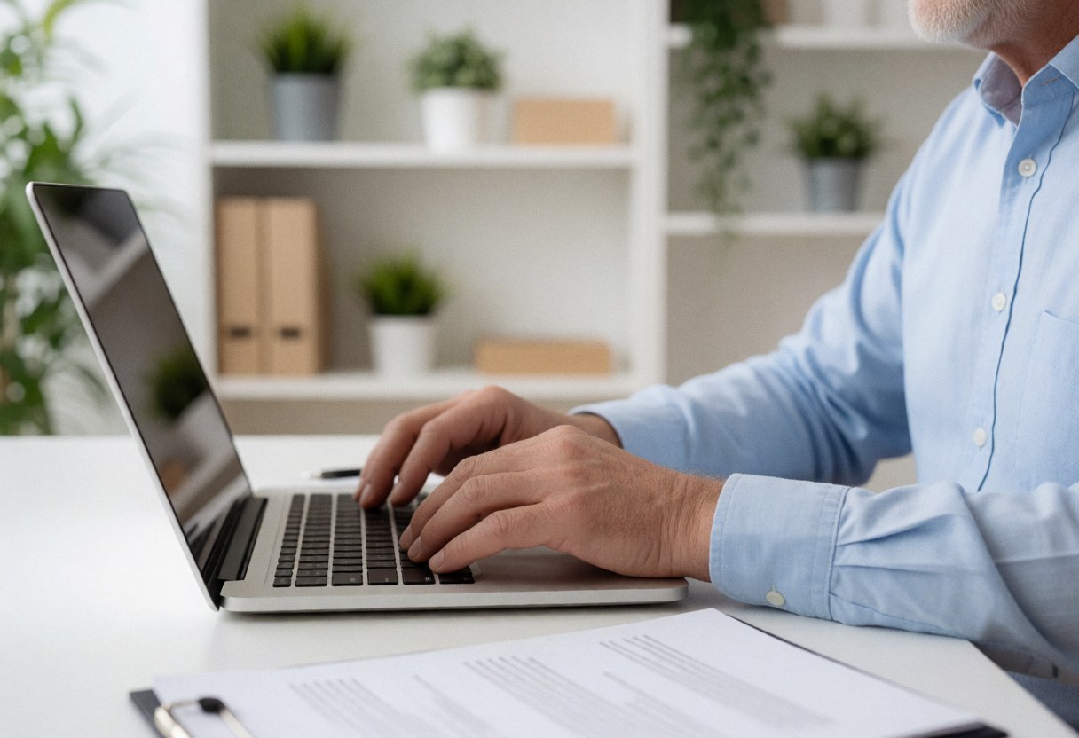 Un homme professionnel est assis à un bureau blanc, concentré sur son travail avec un ordinateur portable.