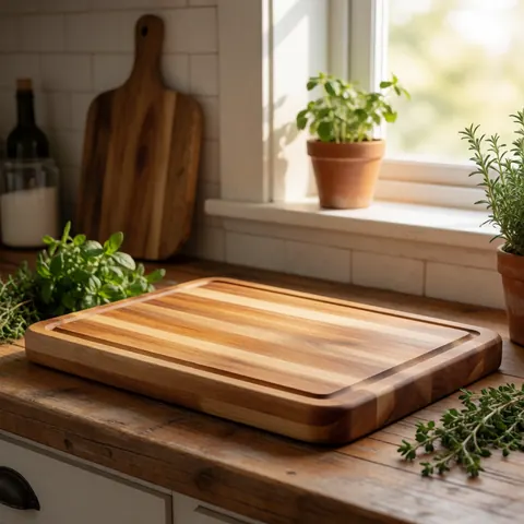 Planche à découper en bois rustique posée sur un comptoir, ornée d'herbes fraîches et d'un couteau de cuisine, baignée de lumière naturelle près d'une fenêtre.