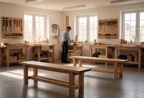 Un atelier de menuiserie organisé avec des outils suspendus, des établis en bois et un artisan travaillant à une table, baigné de lumière solaire.