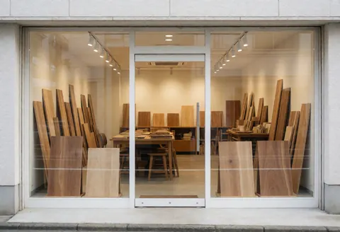 Vue extérieure d'une façade d'atelier de menuiserie avec une grande vitrine et une porte d'entrée, révélant un intérieur lumineux dédié à la fabrication de meubles en bois.
