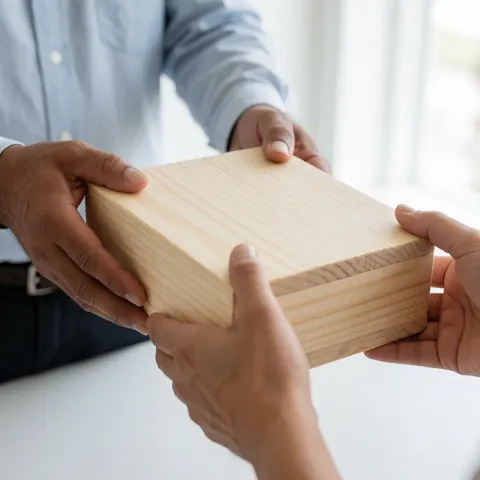 Des mains tenant fermement une boîte en bois, symbolisant la remise d'un produit final à un client dans le cadre d'une transaction commerciale.