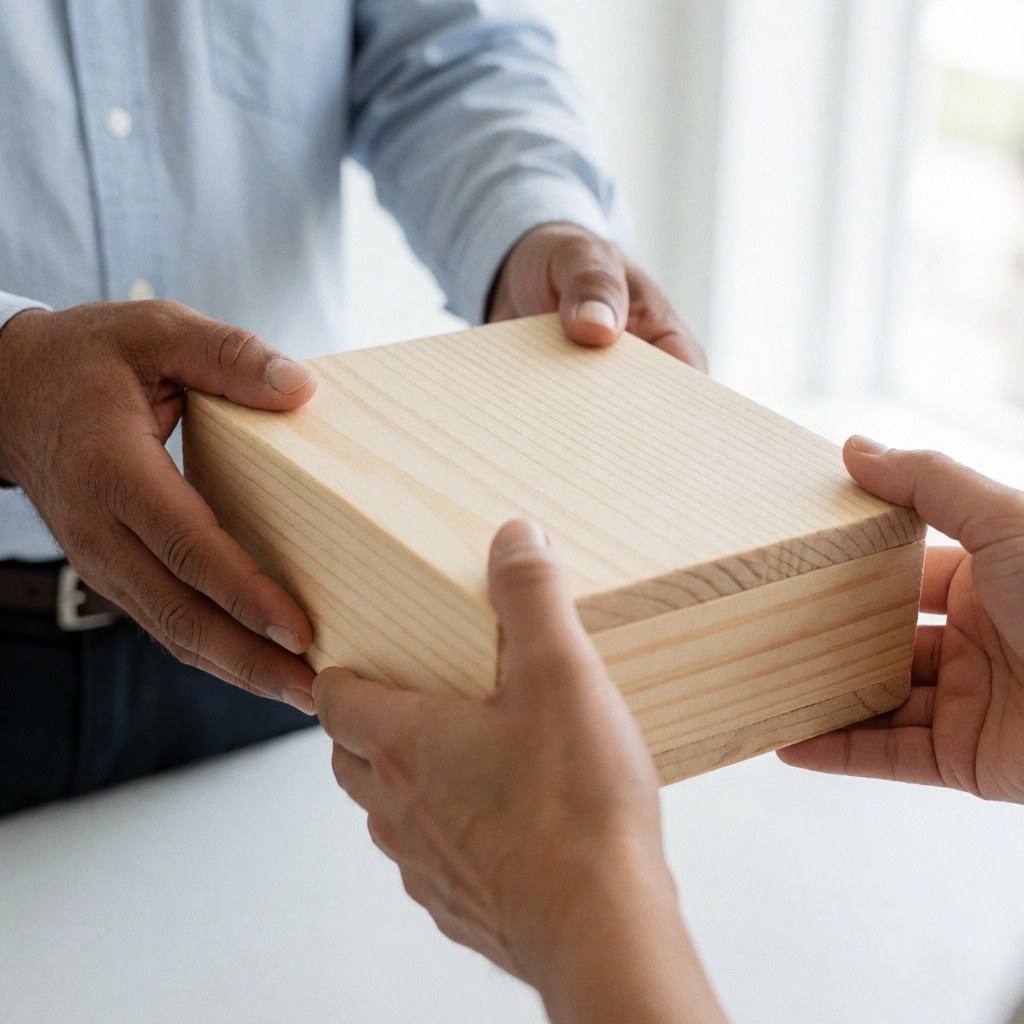 Des mains tenant fermement une boîte en bois, symbolisant la remise d'un produit final à un client dans le cadre d'une transaction commerciale.