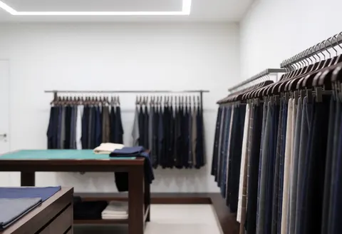 Vue intérieure d'un magasin de vêtements au style épuré, avec des présentoirs à textiles, une table de coupe et un éclairage moderne dans un cadre élégant et vide.
