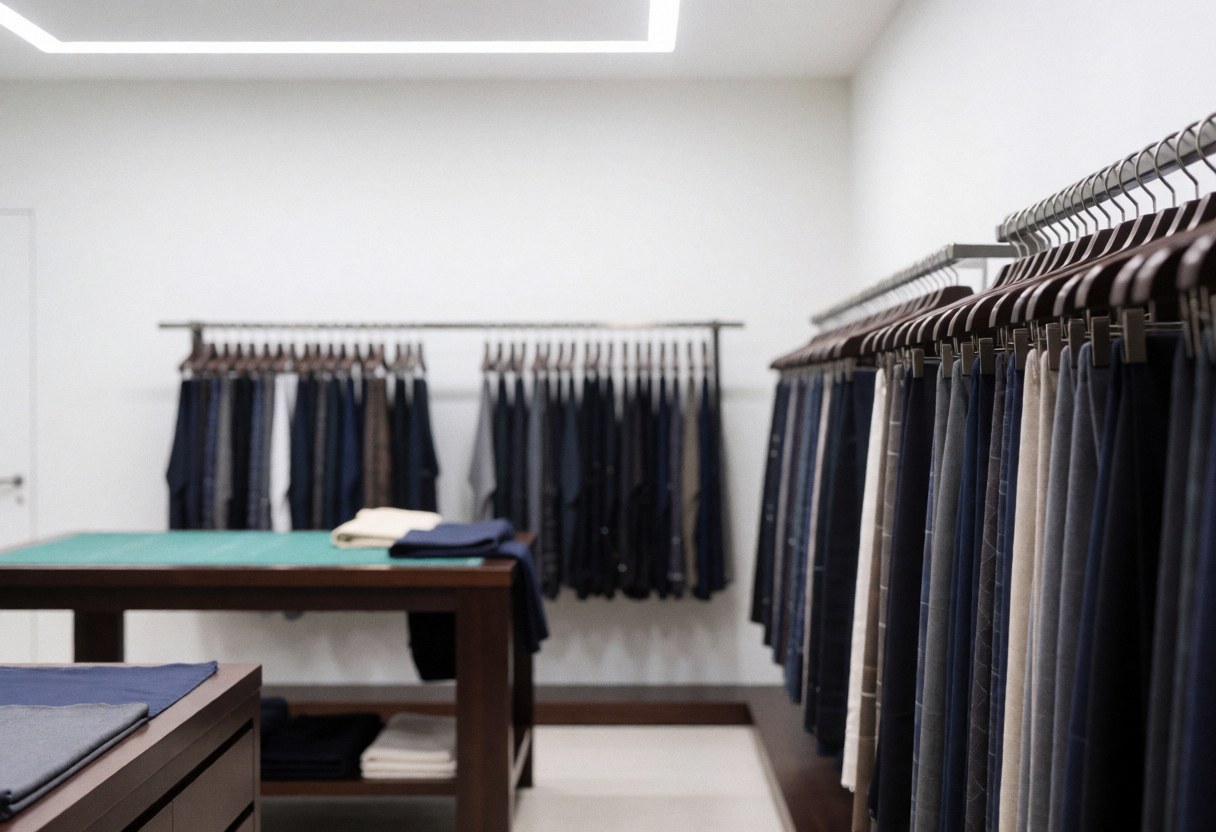 Vue intérieure d'un magasin de vêtements au style épuré, avec des présentoirs à textiles, une table de coupe et un éclairage moderne dans un cadre élégant et vide.