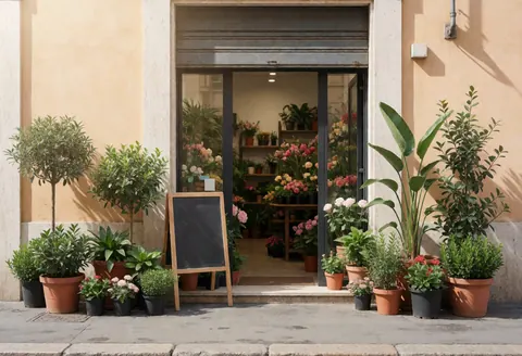 Façade d'une fleuristerie romaine avec plantes en pot, enseigne noire et porte vitrée. Ambiance chaleureuse et ensoleillée, idéale pour un commerce de jardinage.