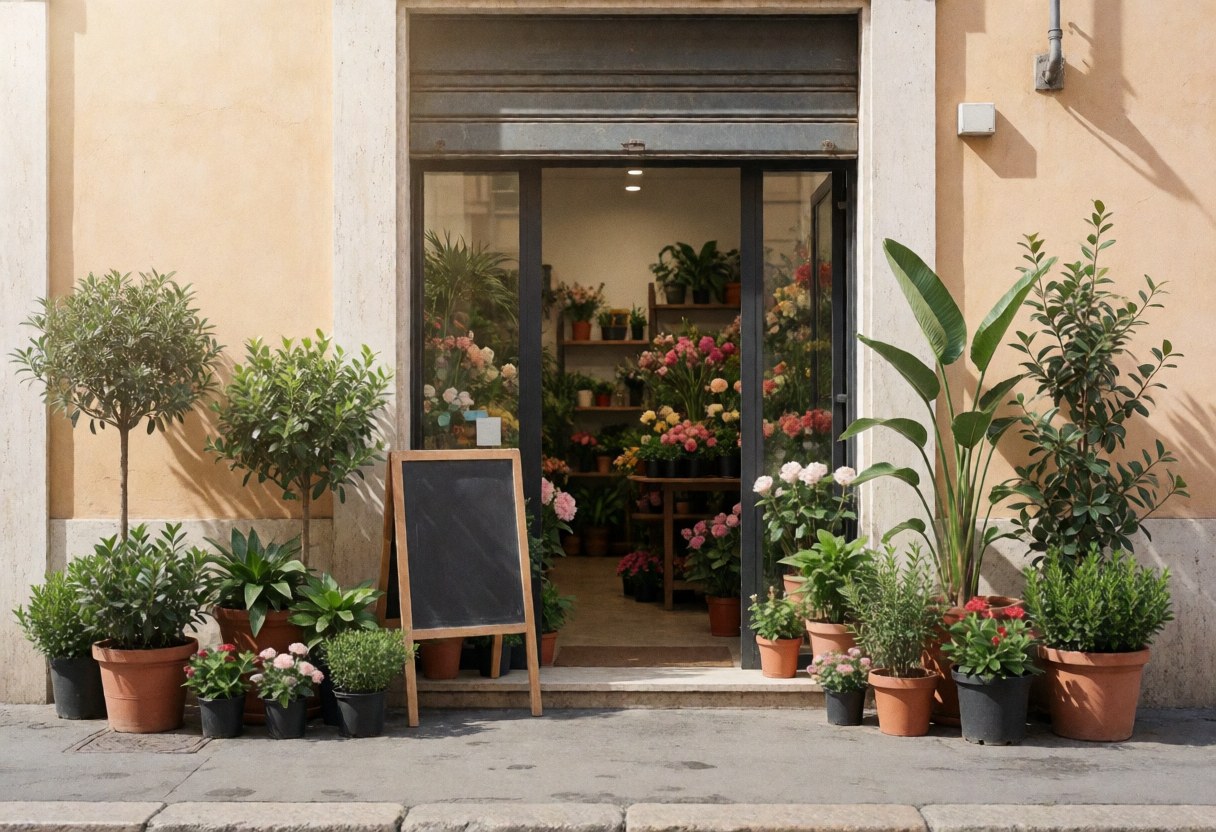Façade d'une fleuristerie romaine avec plantes en pot, enseigne noire et porte vitrée. Ambiance chaleureuse et ensoleillée, idéale pour un commerce de jardinage.
