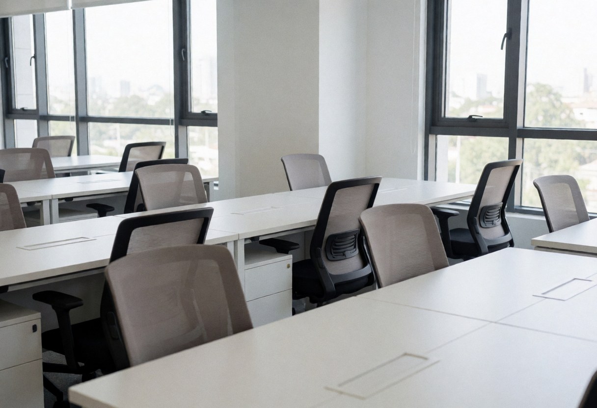 Vue d'un espace de coworking moderne et vide, comprenant un bureau, une chaise ergonomique, une fenêtre laissant entrer la lumière naturelle et une vue sur un bâtiment extérieur.