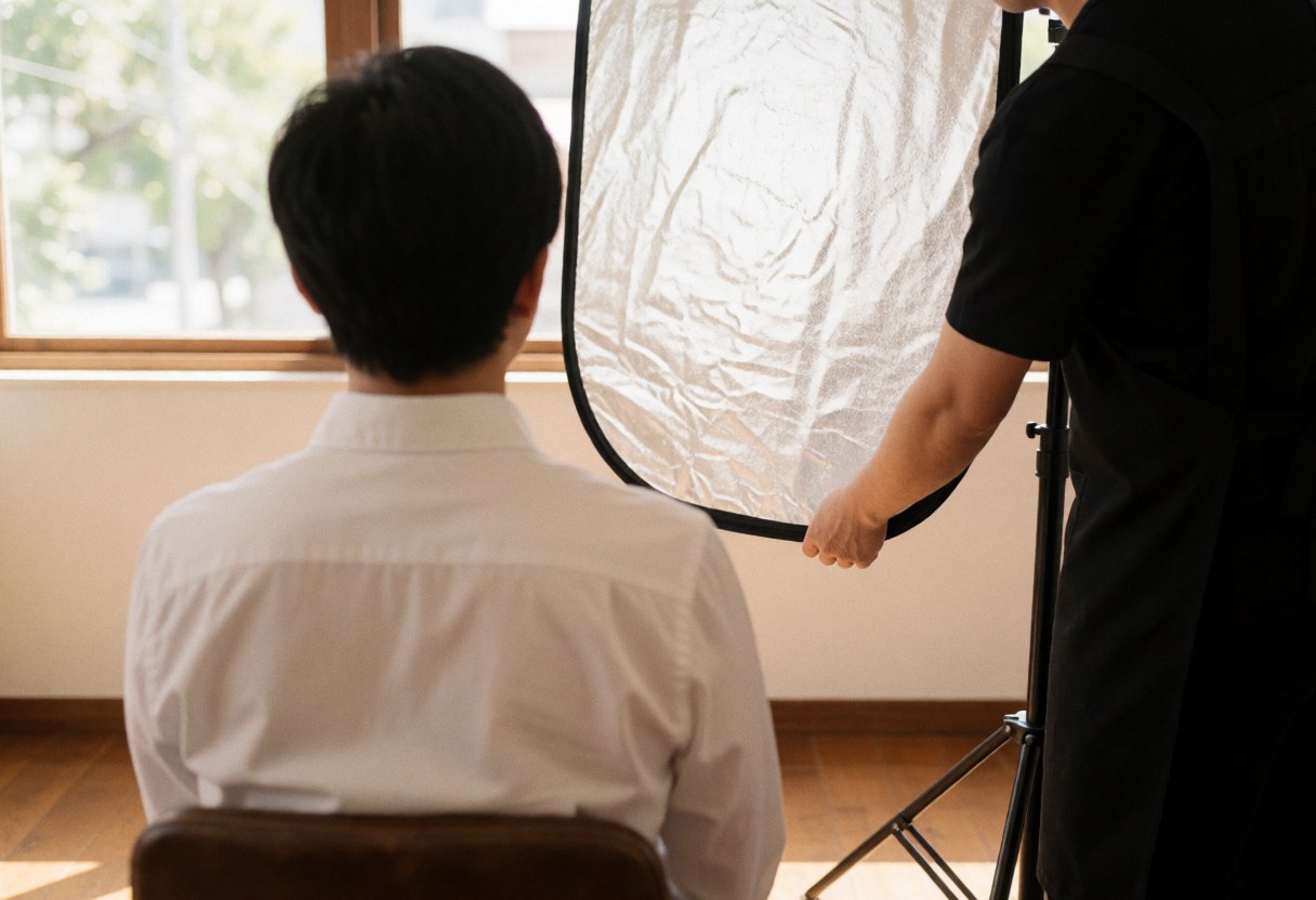 Un photographe ajuste un réflecteur de lumière pendant qu'un client s'assied devant une fenêtre, créant une ambiance professionnelle et naturelle.