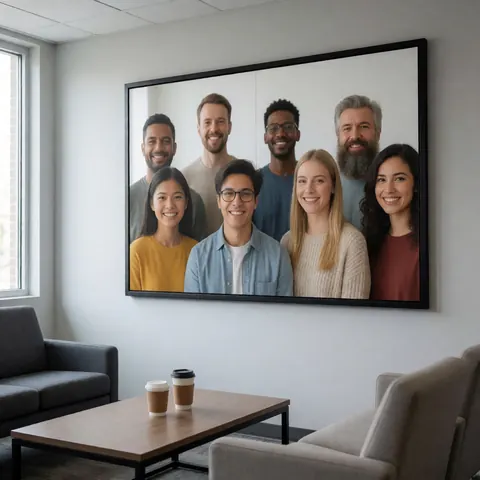 Affiche murale représentant une équipe de travail diversifiée et professionnelle dans un environnement de bureau moderne.