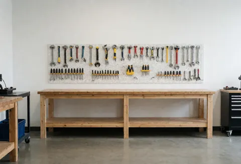 Atelier industriel propre avec établi en bois et outils organisés sur un panneau, idéal pour des portraits de techniciens ou professionnels du secteur manufacturier.
