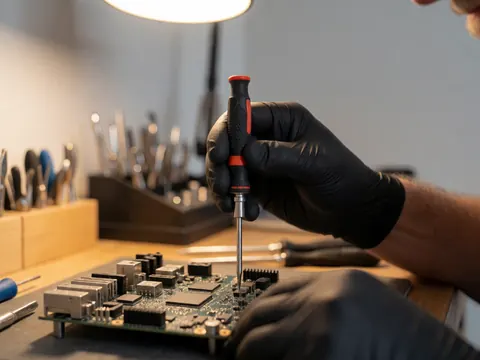 Une main gantée ajuste un élément sur une carte de circuit imprimé dans un atelier bien éclairé et organisé.