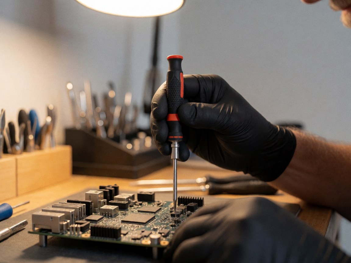 Une main gantée ajuste un élément sur une carte de circuit imprimé dans un atelier bien éclairé et organisé.