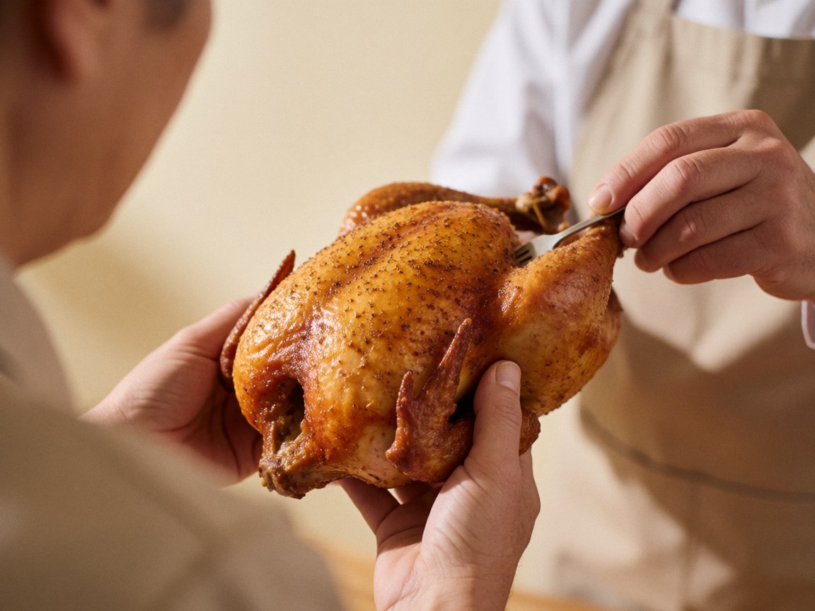 Gros plan sur la texture croustillante d'un morceau de poulet rôti doré, mettant en valeur les détails de la viande et de la peau.