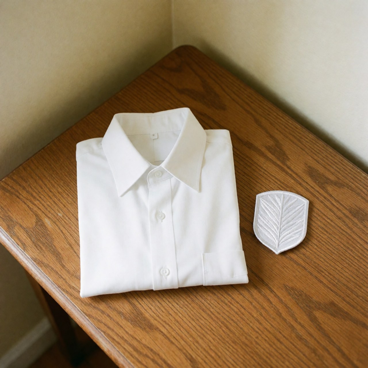 Chemise blanche pliée ornée d'un patch brodé en forme de feuille posée sur une table en bois texturé à l'éclairage naturel.