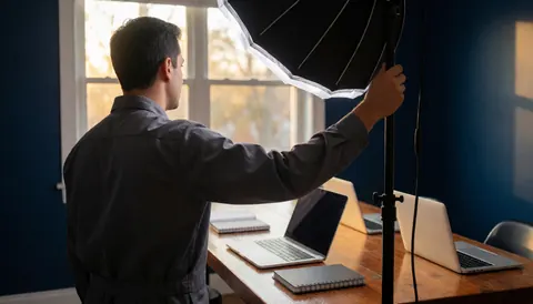 Un photographe professionnel règle un softbox dans un studio avec des ordinateurs portables et des carnets sur une table en bois devant un mur bleu foncé.
