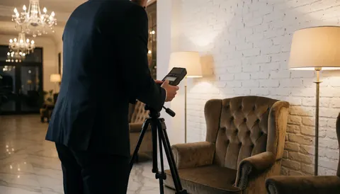 Photographe professionnel avec trépied et photomètre préparant une prise de vue dans un luxueux hall doté d'un fauteuil en velours, d'un mur en béton blanc et de lustres.