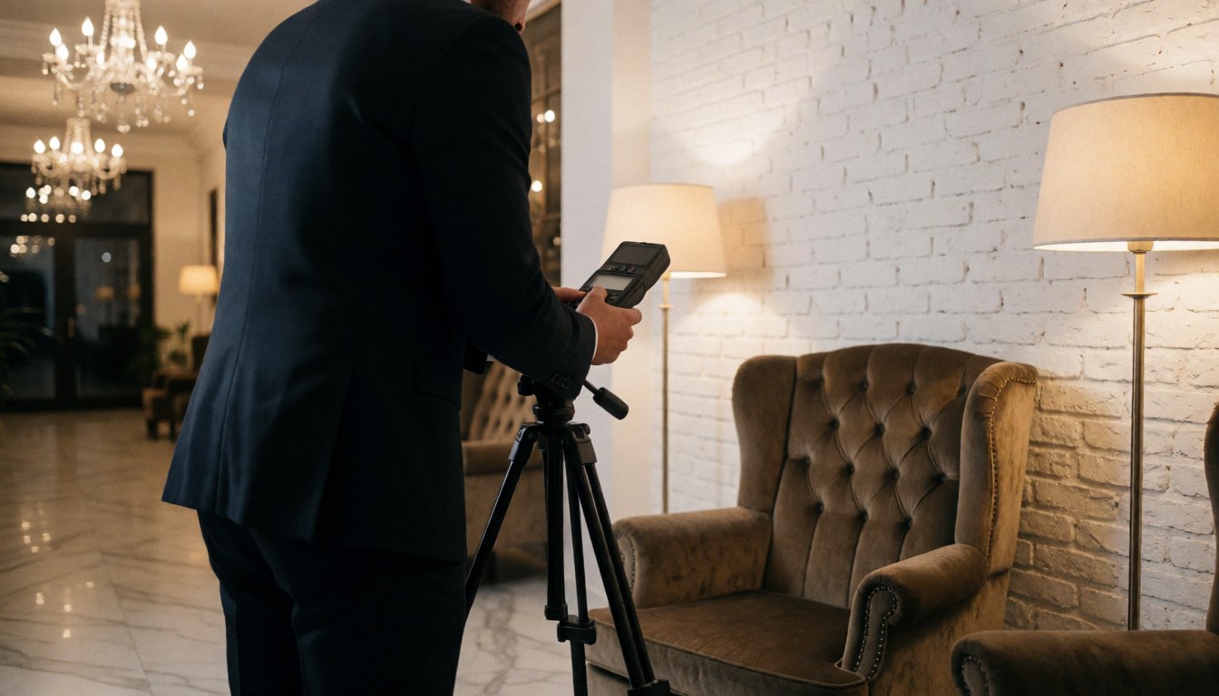 Photographe professionnel avec trépied et photomètre préparant une prise de vue dans un luxueux hall doté d'un fauteuil en velours, d'un mur en béton blanc et de lustres.