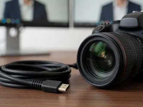 Un appareil photo professionnel avec objectif et câble HDMI posé sur un bureau en noyer, devant des écrans flous.