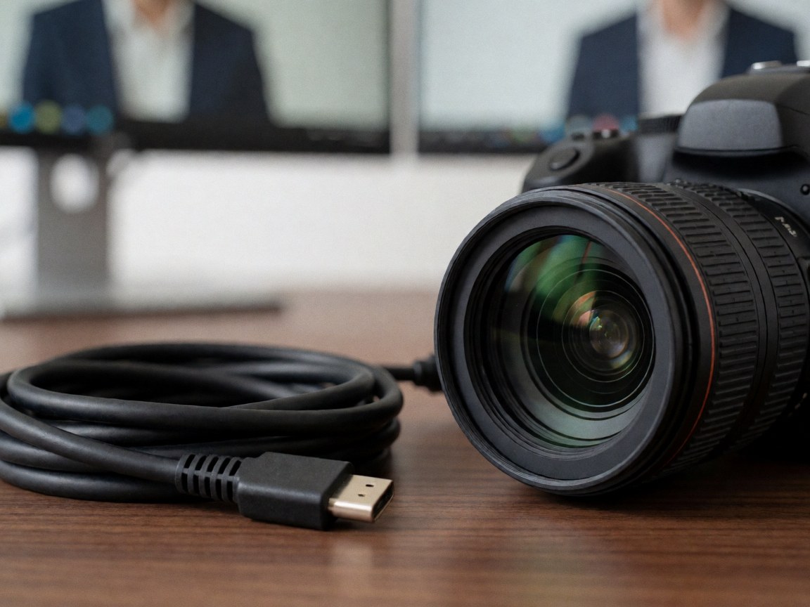 Un appareil photo professionnel avec objectif et câble HDMI posé sur un bureau en noyer, devant des écrans flous.