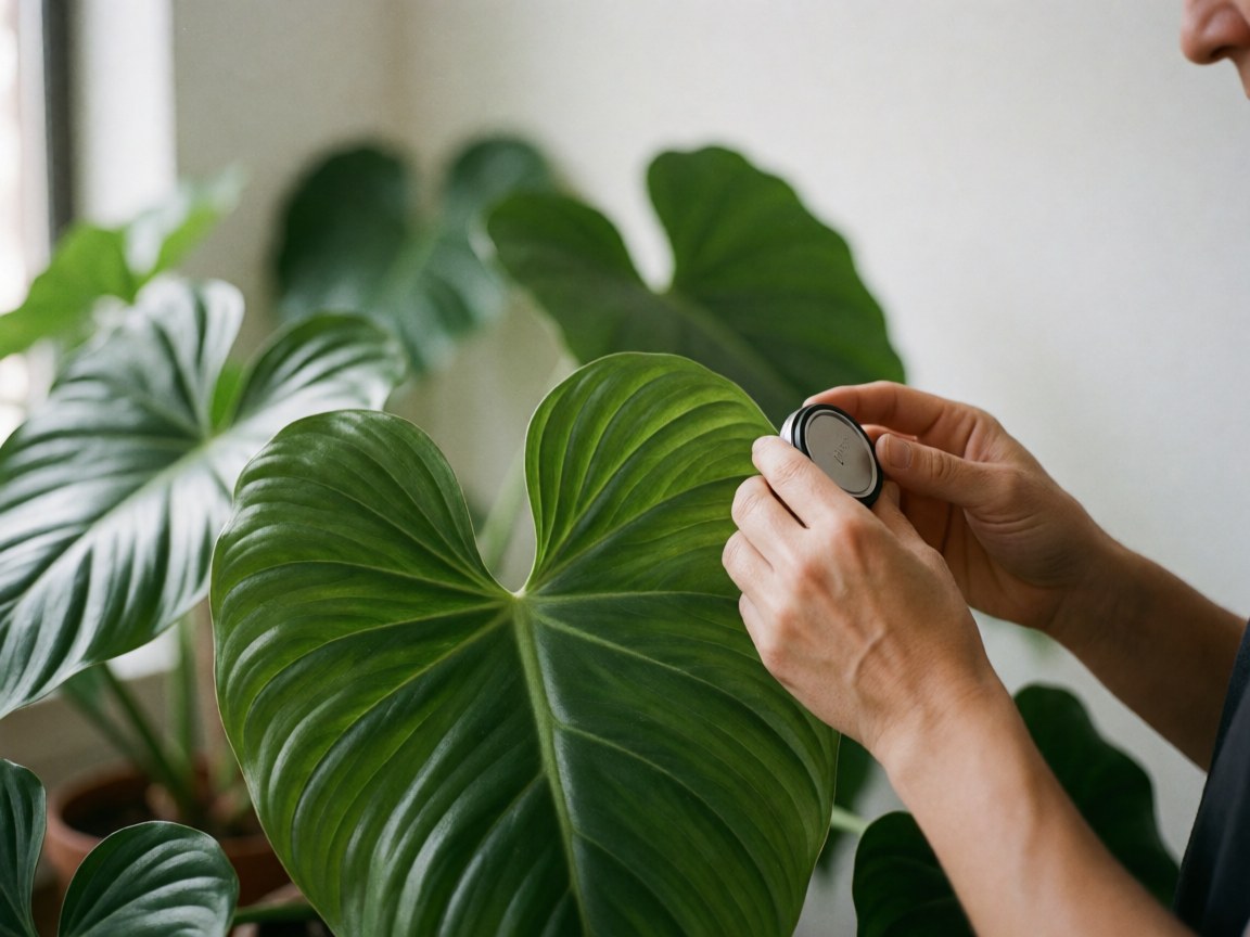 Des mains manipulant délicatement une feuille verte brillante sur un fond flou de plantes et d'un mur blanc, évoquant la nature et le travail minutieux.