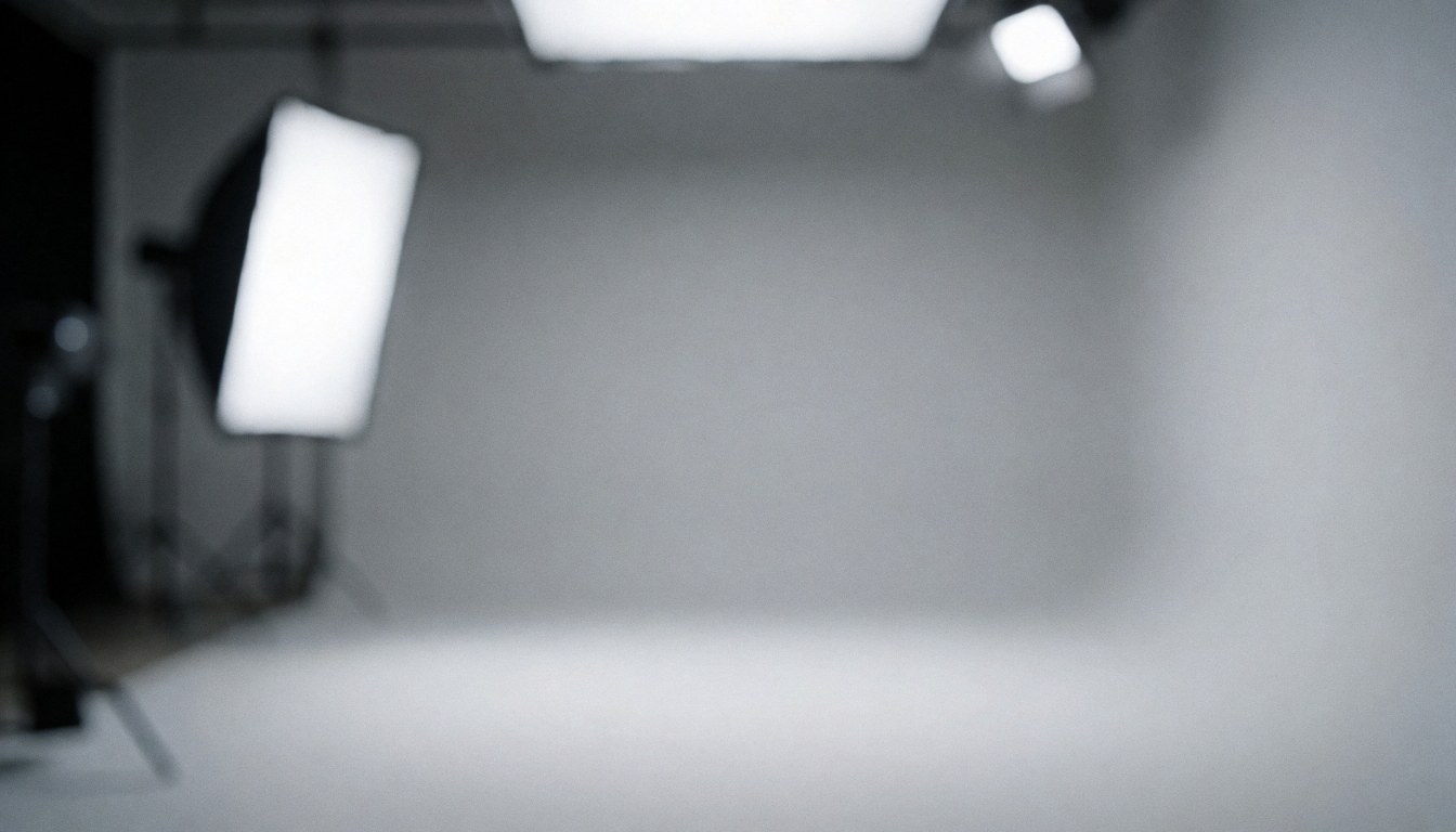 Fond studio professionnel avec éclairage diffus et murs gris, idéal pour portraits corporatifs et textes commerciaux.