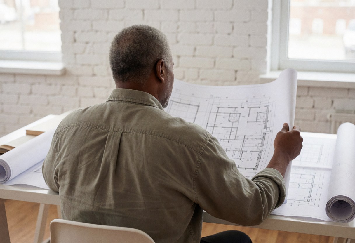 Un architecte consulte des plans d'architecture dans un bureau moderne aux murs de briques blanches, baigné de lumière naturelle et offrant une ambiance professionnelle.
