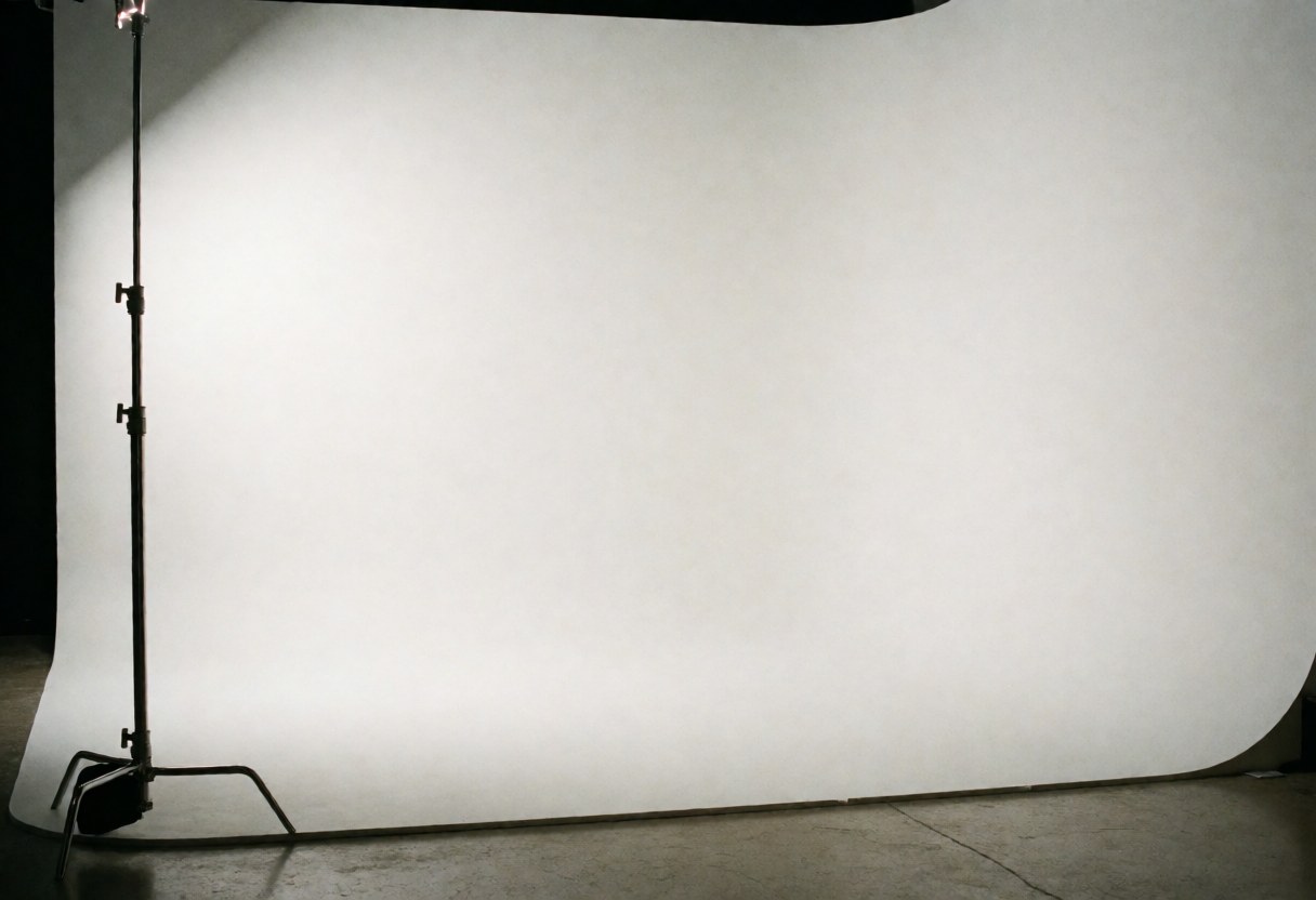 Mur blanc cyclorama lisse et uniforme utilisé comme fond neutre pour des prises de vue professionnelles en studio.