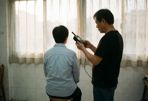 Un photographe professionnel utilise un posemètre face à un client assis dans un studio lumineux avec fenêtres et rideaux.